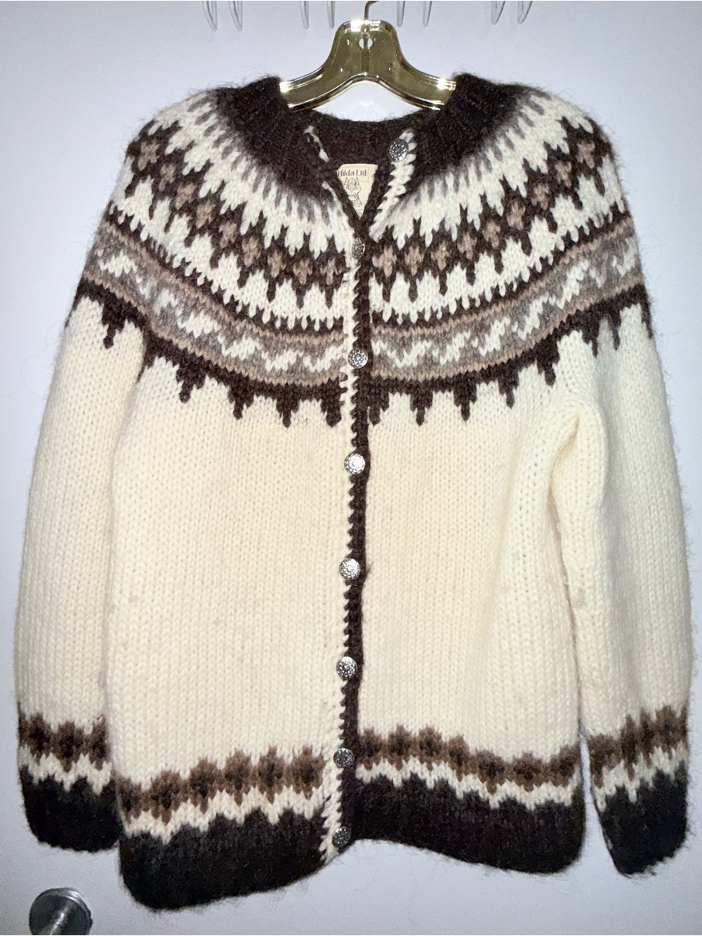 100% Wool Cream & Brown Nordic Yoke Cardigan Sweater